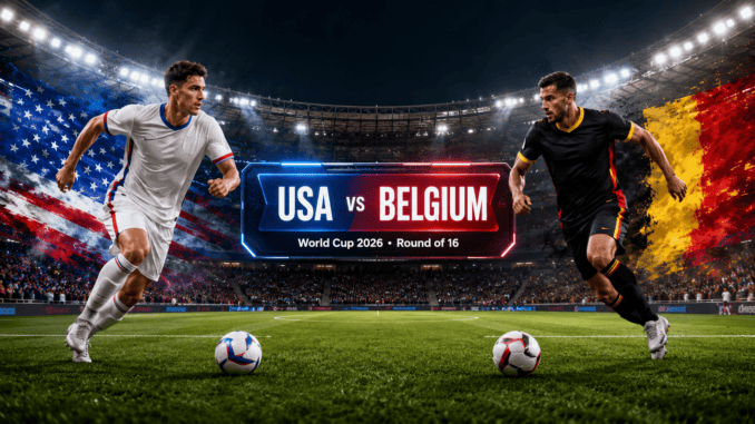 USA vs Belgium World Cup 2026 Preview USA vs Belgium FIFA World Cup 2026 Round of 16 match preview featuring two football players inside a modern stadium.