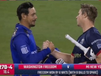 Washington Freedom players celebrate the highest successful chase in T20 history against MI New York in Oakland