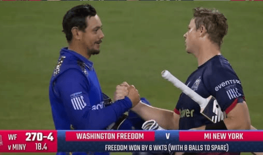 Washington Freedom Record Chase in Oakland Washington Freedom players celebrate the highest successful chase in T20 history against MI New York in Oakland