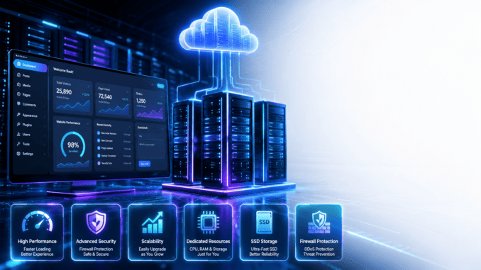 Why VPS Hosting Is Best for WordPress Websites Illustration showing VPS hosting infrastructure improving WordPress website speed, security, and scalability.