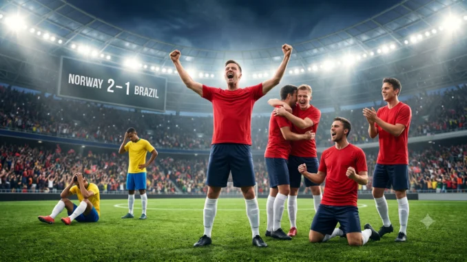 Norway Defeat Brazil in FIFA World Cup 2026 Fictional Norway football players celebrating after defeating Brazil in the FIFA World Cup.