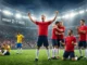 Fictional Norway football players celebrating after defeating Brazil in the FIFA World Cup.