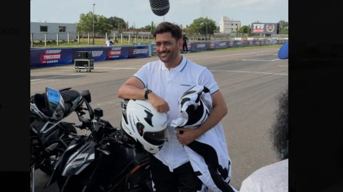 MS Dhoni rides a superbike during promotional event in Chennai