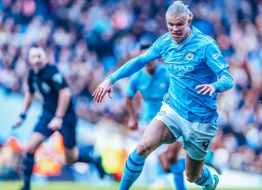Erling Haaland in action for Manchester City against Liverpool